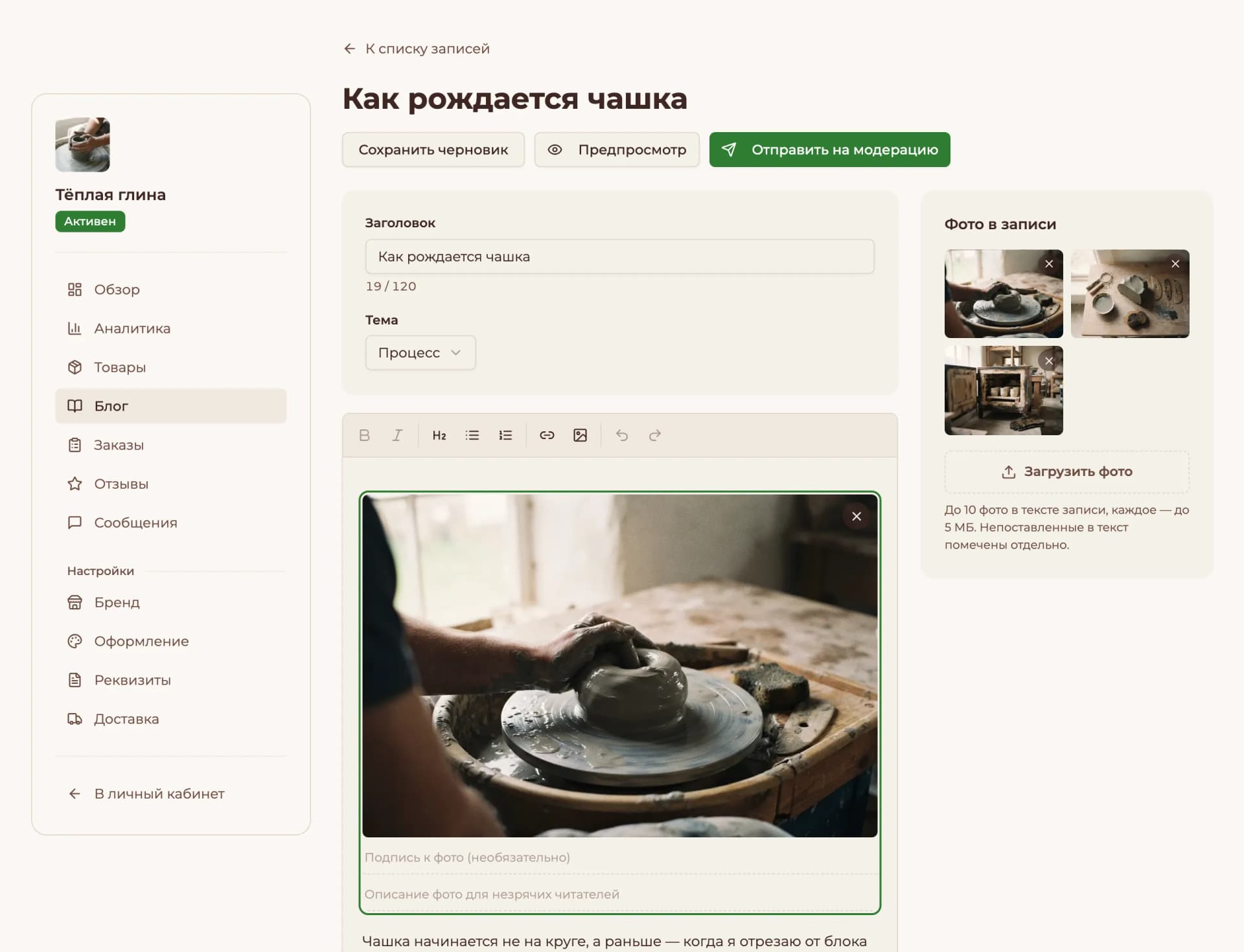 Скриншот экрана редактора записи блога мастерской