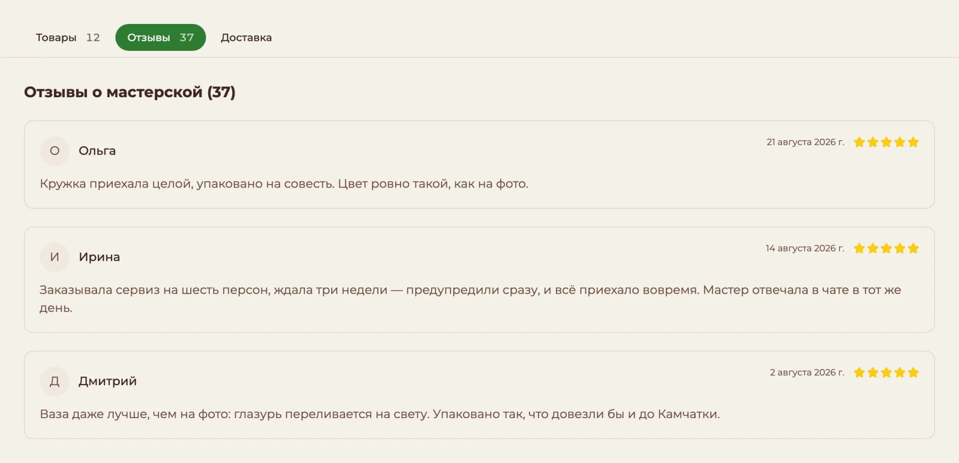 Вкладка «Отзывы» на странице мастерской: оценки и тексты покупателей