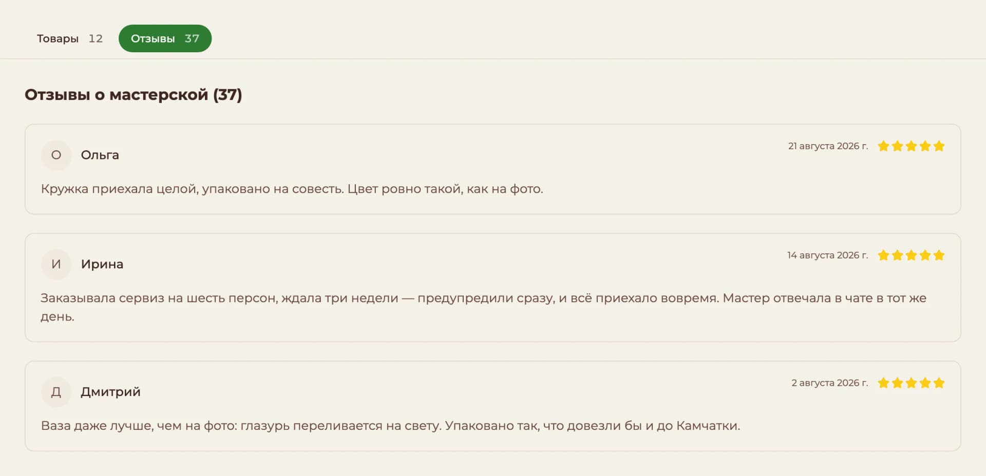 Вкладка «Отзывы» на странице мастерской: оценки и тексты покупателей