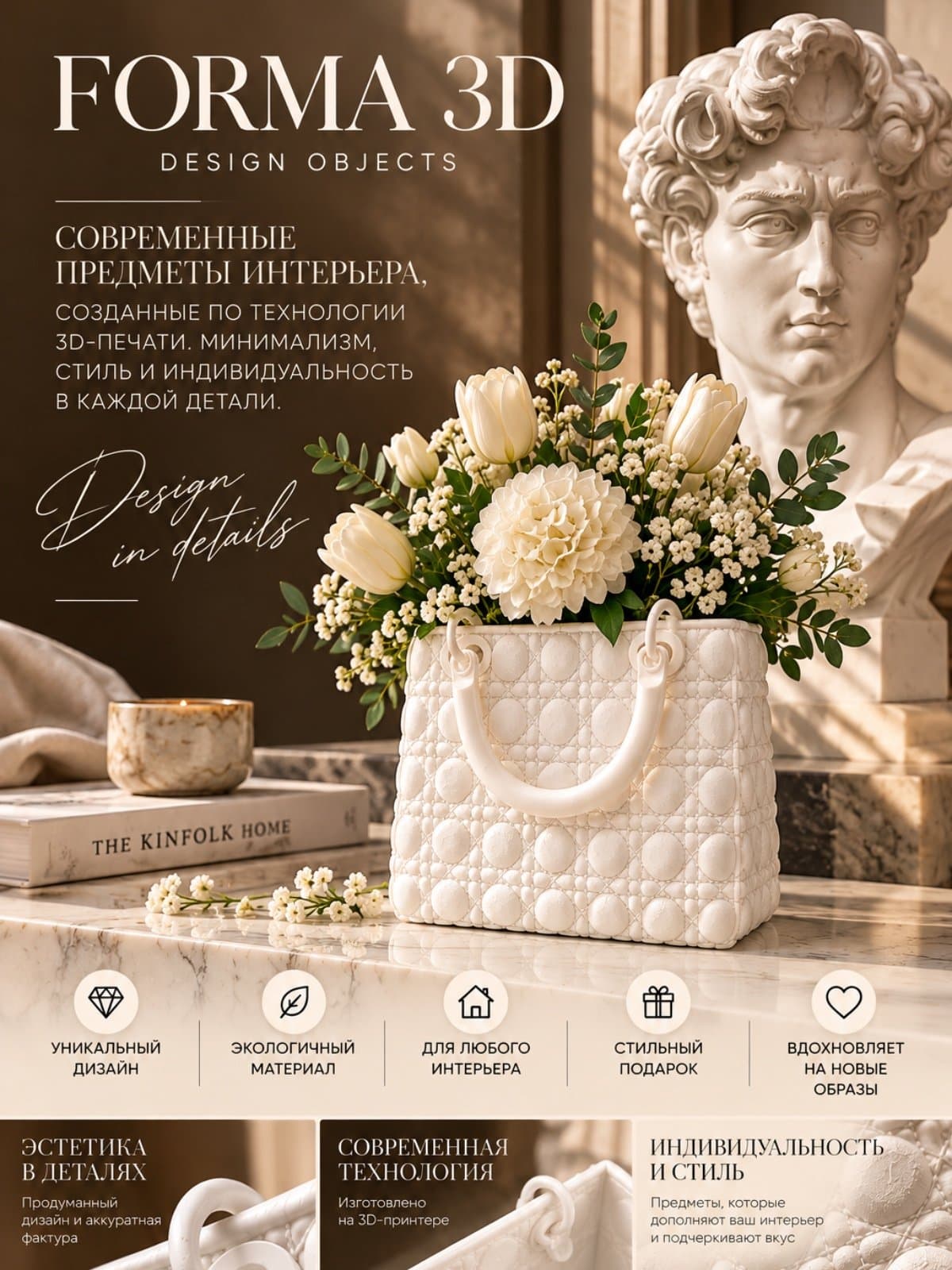 Дизайнерская ваза-сумка — стильный декор интерьера, 3D-печать, необычный подарок 2