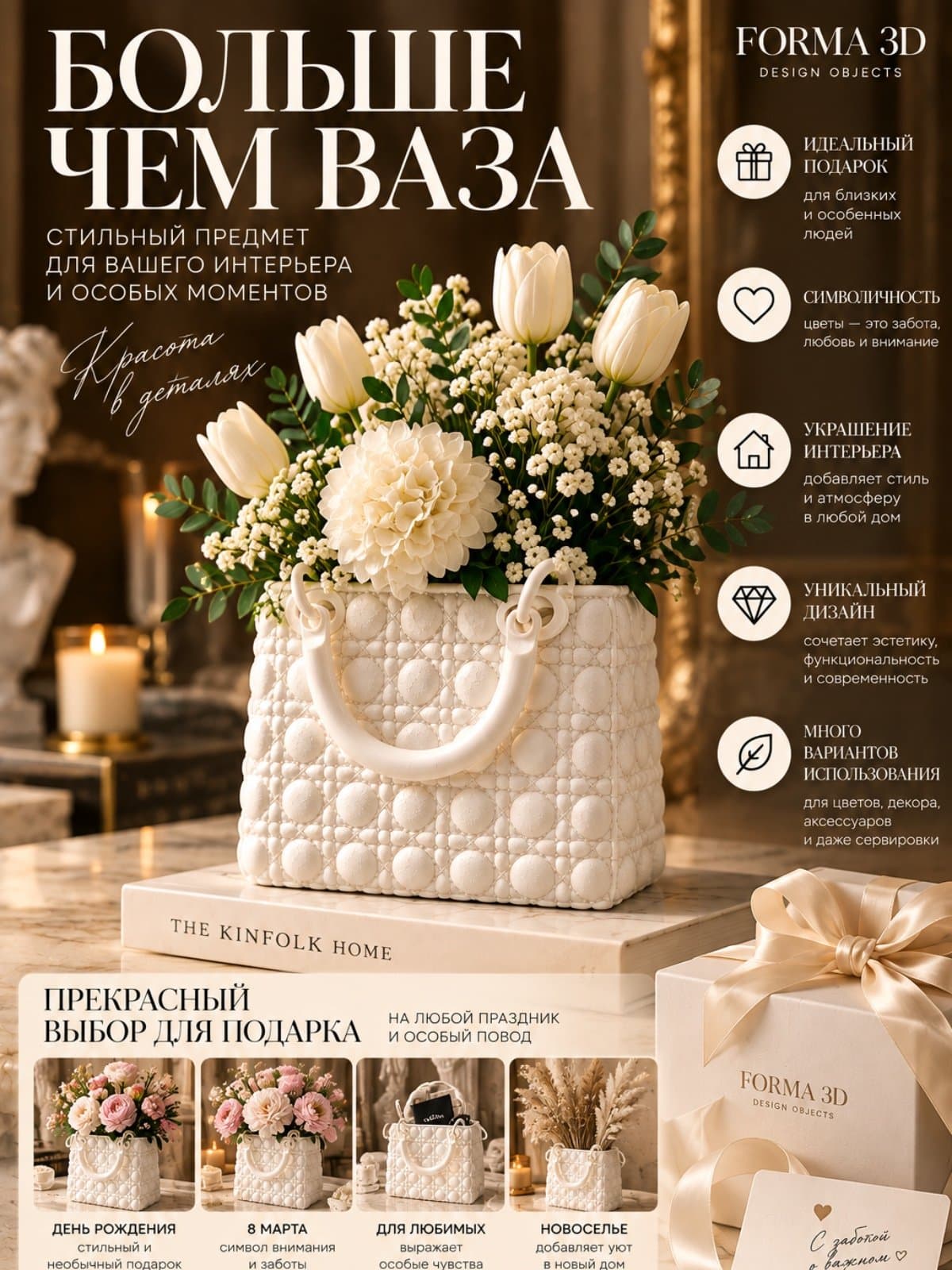 Дизайнерская ваза-сумка — стильный декор интерьера, 3D-печать, необычный подарок 3